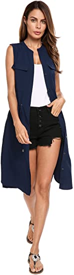 Beyove Women's Casual Military Drawstring Lightweight Long Vest Jacket with Pockets