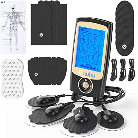 Rechargeable TENS Units, Ohuhu 24 Modes TENS & Powered Muscle Stimulator Massager, 16 Pads Muscle Stimulator, Electric Massager for Back Shoulder Pain Relief Mother Father, Christmas Day,Black Gold