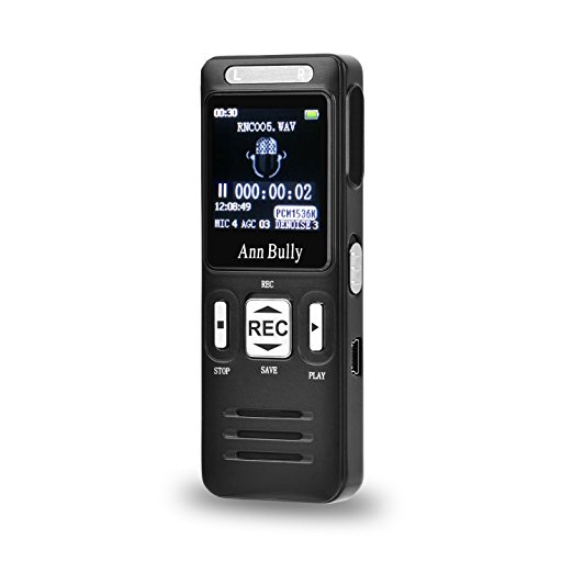 AnnBully Voice Recorder Digital Dictaphone MP3 Player Rechargeable 8GB 1536 Kbps 560 Hours with Mini USB Port Fast/Slow Playback A-B Repeat Functionality Voice Activation