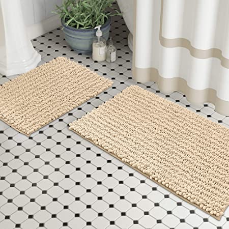 Zebrux Non Slip Thick Shaggy Chenille Bathroom Rugs, Bath Mats for Bathroom Extra Soft and Absorbent - Striped Bath Rugs Set for Indoor/Kitchen (20 x 30   15 x 23'', Cream)