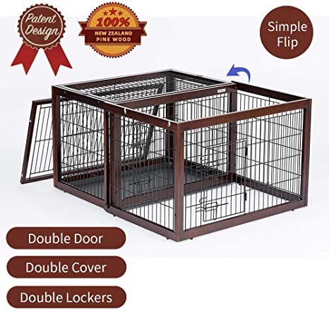 Simply Plus Wood & Wire Dog Crate Rotatable Crate with Slide Tray and Detachable Top Cover Indoor Pet Crate Side Table New Zealand Solid Wood