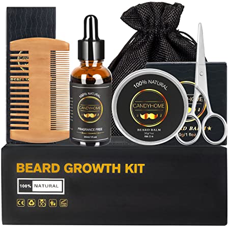 Beard Growth Kit with Beard Care Oil Beard Comb Beard Balm and Beard Scissors- Pure and Organic Personal Beard Grooming Kit Stimulate Beard Growth, Valentines Day Gifts for Him Men Dad Husband