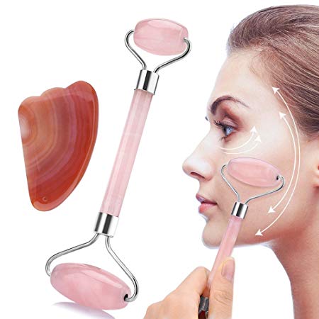 HailiCare Jade Roller and Gua Sha Set 100% Natural Face Facial Stone Roller Anti-Aging Anti-Wrinkle Face Slimming Neck Healing Reduce Dark Circles and Puffy Eyes with Double Roller (Pink)