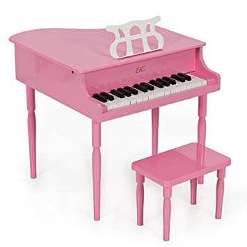 Pink Childs Wood Toy Grand Piano with Bench Kids Piano 30 Key