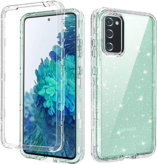 Galaxy S20 FE Case 5G, DUEDUE Glitter 3 in 1 Heavy Duty Hybrid Hard PC Transparent TPU Bumper Shockproof Full Protective Case for Samsung S20 FE 4G,Clear