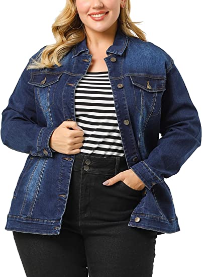 uxcell Women's Plus Size Button Down Washed Denim Jacket with Chest Flap Pocket