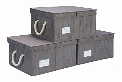 Canvas Storage Box with Lid and Strong Cotton Rope Handle, Foldable Closet Organizer By StorageWorks, Dark Brown, Bamboo Style, Jumbo, 3-Pack