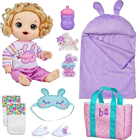 Baby Alive Bunny Sleepover Baby Doll, Bedtime-Themed 12-Inch Dolls, Sleeping Bag & Bunny-Themed Doll Accessories, Toys for 3 Year Old Girls and Boys and Up, Blonde Hair (Amazon Exclusive)