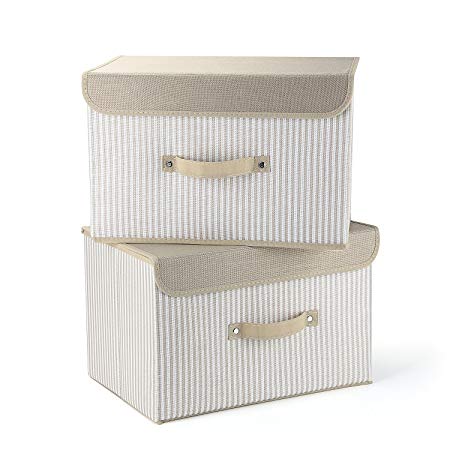 Storage Bins,Mee'life Set of Two Foldable Storage Box with Lids and Handles Storage Basket Storage Needs Containers Organizer With Built-in Cotton Fabric Closet Drawer Removable Dividers(Cream)