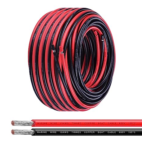 10 Gauge Wire,iGreely 10 AWG Tinned Copper Electrical Wire Cable, 2 Conductor Insulated Stranded Marine Wire for Solar Panel Car Auto Marine Speaker,Low Voltage Wire for Lighting-30Ft Black&30Ft Red