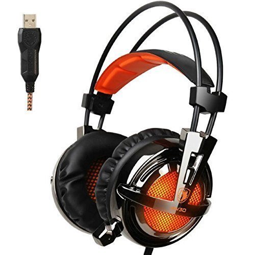 GW SADES AW30 Wired USB Stereo Gaming Headset Over Ear Headphones with Mic Bass Vibration Volume Control LED Lights Lightweight Design for PC Game(Black&Orange)