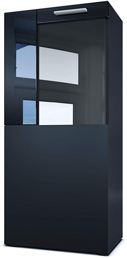 Vladon Tall Display Cabinet Cupboard Movie, Carcass in Black matt/Front in Black matt with Offsets in Black High Gloss