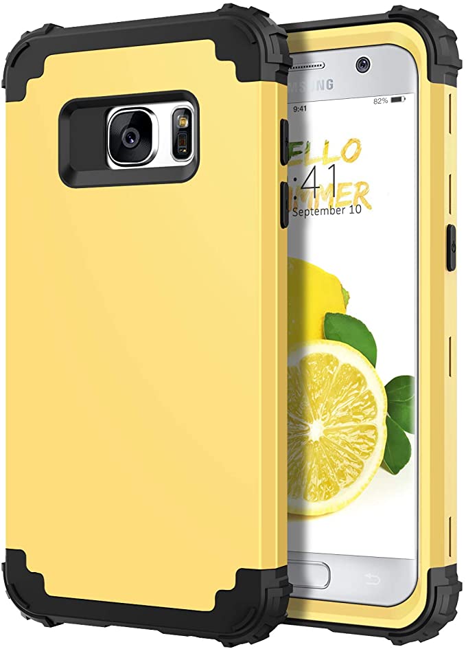 Galaxy S7 Case, Samaung S7 Case, DUEDUE Shockproof Slim 3 in 1 Slim Hybrid Heavy Duty Hard PC Cover Soft Silicone Rugged Bumper Full Body Protective Phone Case for Samsung Galaxy S7 for Women Girls, Yellow/Black