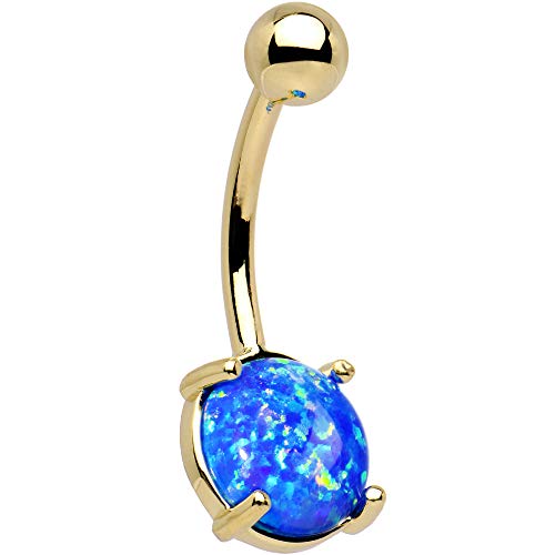 Body Candy Solid 14k Yellow Gold 8mm Oval Blue Synthetic Opal Belly Ring