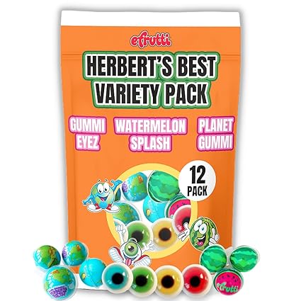 Efrutti Herberts Best 3 Flavor (12 Count): Planet Gummi, Gummi Eyez Ball, Watermelon splash, Fruity Jelly Gummies, TikTok, Individually Wrapped Soft Juicy and Fruit Liquid Center