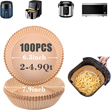 GOAUS Air Fryer 100 Pcs Round Paper Liners Disposable for 2 to 4.9 Qt Basket, 6.3 inch Unbleached Non-stick Parchment Paper