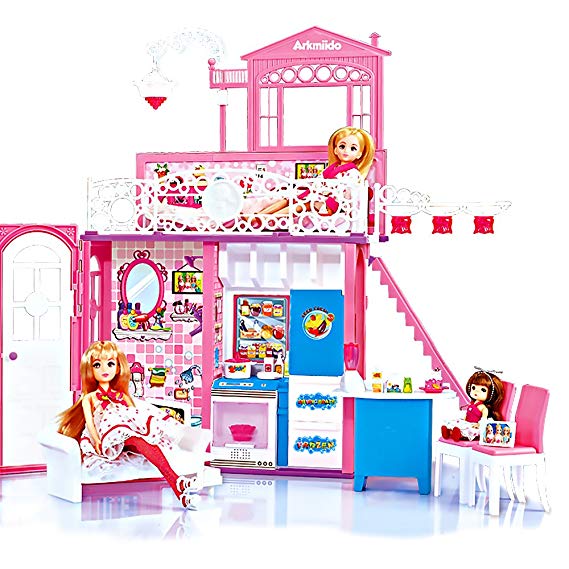 Dream Doll House 2 Story House with Furniture and Accessories -Light and Sounds (3 Dolls Inside)