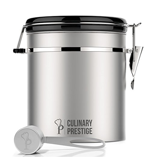Stainless Steel Coffee Canister 16 oz - Built-in One Way Valve Blocks CO2 From Ruining Coffee Flavor - Built-in Freshness Calendar – Free eBook & Stainless Steel SCOOP by Culinary Prestige