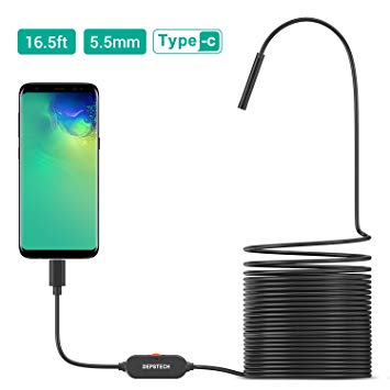 USB Endoscope, DEPSTECH Upgraded 5.5mm Ultra-Thin Inspection Camera Semi-Rigid Waterproof Snake Camera Borescope with USB Adpater and 6 Adjustable LED Lights-16.5ft