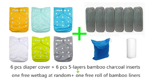 Baby 6pcs Pack Washable Reusable Adjustable Pocket One Size Cloth Diapers With 6 pcs Five Layers Bamboo Charcoal Inserts Total