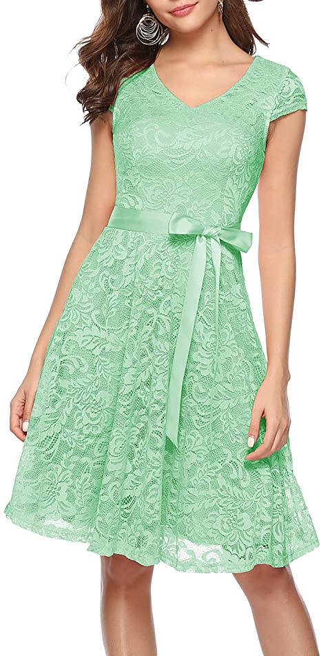 BeryLove Women's Floral Lace Short Bridesmaid Dress Cap Sleeve Cocktail Party Dress