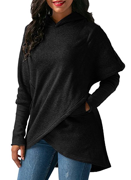 Asvivid Women's Long Sleeve Hooded Sweatshirt Wrap Asymmetric Hem Pullover Hoodies S-XXL