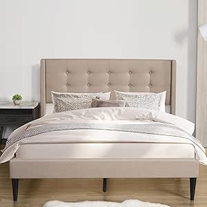 PrimeZone Queen Size Bed Frame - Modern Platform Bed Frame with Wingback Tufted Headboard, Linen Fabric Upholstered Bedroom Bedframe with FSC-Certified Poplar Wood Slats, No Box Spring Needed, Beige