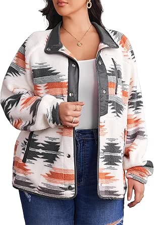 IN'VOLAND Women's Plus Size Fleece Jacket Western Aztec Print Shacket Long Sleeve Coat Snap Button Outfit with Pockets