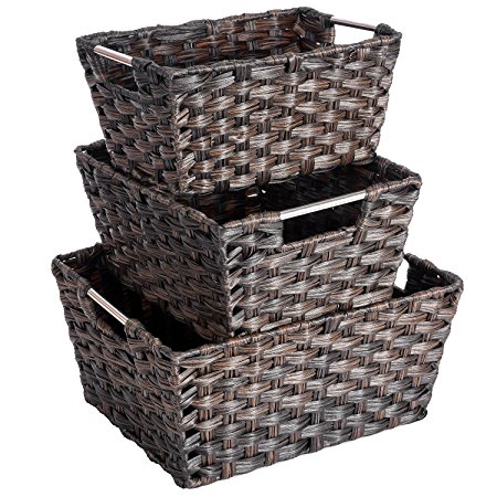 Woven Rattan Baskets, MaidMAX Rectangular Rattan-Looking Storage Bins with Metal Handles for Living Room Bedroom Home Office Nursery, Set of 3