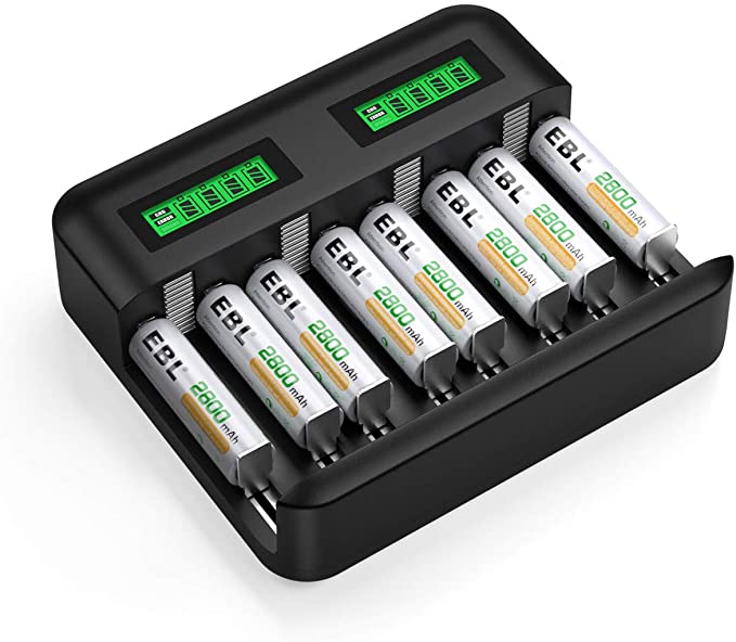 EBL LCD Battery Charger with Type C Input for AA AAA C D Ni-MH Rechargeable Batteries - 2800mAh AA Battery x 8, Intelligent 8 Slots Battery Charger and AA High-capacity Rechargeable Batteries Set