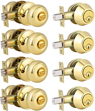 4 Pack Classic Polished Brass Entrance Round Knob Handle, Entry Door Knob with Matching Double Cylinder Deadbolt (Keyed on Both Side) Combo Pack, Keyed Alike Door Lockset for Front and Exterior Door