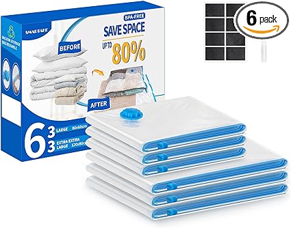 SMARTAKE 6 Pack Vacuum Storage Bags, Reusable Space Saver Bags with Sticker and Whiteboard Marker, Zipper Vacuum Seal Bags for Clothing, Comforters, Blankets, Bedding (3 Large, 3 Jumbo)
