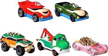 Hot Wheels Super Mario Character Car 5-pack with Mario, Luigi, Princess Peach, Yoshi and Bowser Vehicles In 1 Set, Gift for Ages 3 Years Old and Up