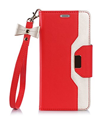 iPhone 8 Case, iPhone 7 Case, FYY [RFID Blocking wallet] [Makeup Mirror] Premium PU Leather iPhone 7/8 Wallet Case with Cosmetic Mirror and Bow-knot Strap Red Gold