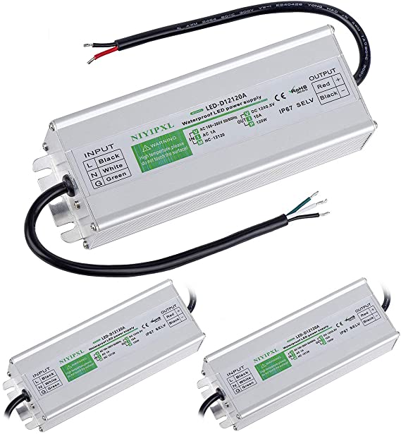 3 Pack LED Driver 120 Watts Waterproof IP67 Power Supply Transformer Adapter 100V-260V AC to 12V DC Low Voltage Output for LED Light, Computer Project, Outdoor Light and Any 12V DC led Lights