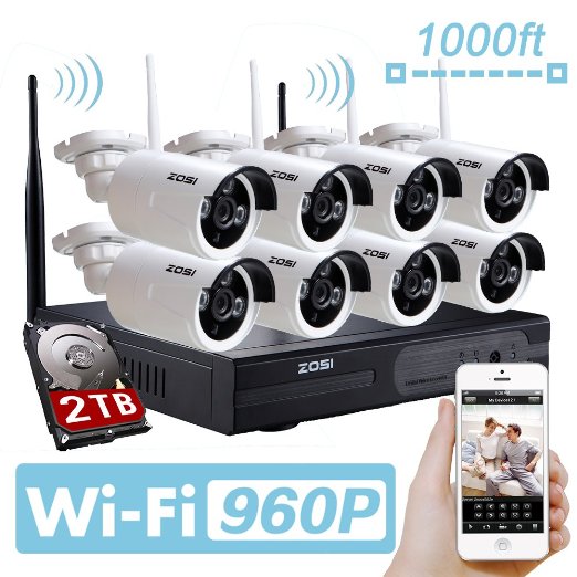 ZOSI 960P AUTO-PAIR WIRELSS SYSTEM 8 Channel 960P(1280x960) NVR Kit 1.3 Megapixel IP Camera Network Video Security System Weatherproof Bullet Cameras Pre-Installed 2TB HDD (100ft Superior Night Vision, Easy Remote Access, Motion Detect, Free App)
