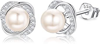 Sllaiss 925 Sterling Silver Halo Pearl Stud Earrings Made with Austria Pearl AAA Cubic Zirconia Knot 6mm Pearl Jewelry for Women for Anniversary Christmas