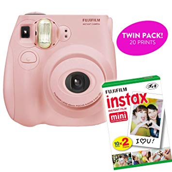 Fujifilm Instax Mini 7S Instant Print Camera (Renewed) Plus Twin Pack of Film Starter Bundle | 10 Sheets x 2 = 20 White Frame Instant Exposure Photograph Sheets (Light Pink)