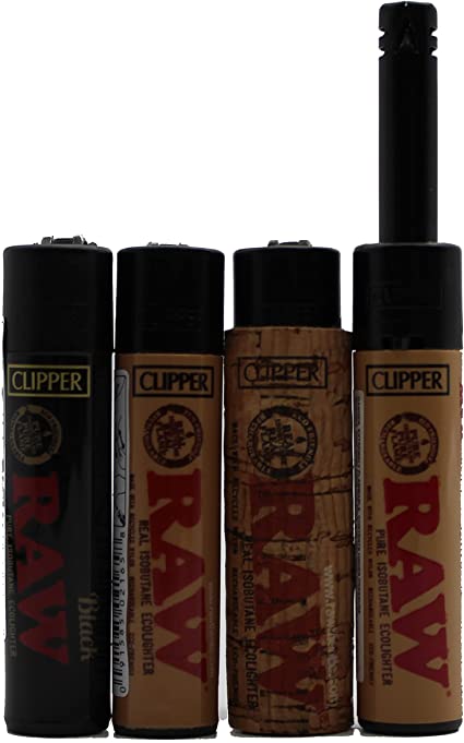 Raw Clipper Lighter Combo 4 Pack Classic, Black, Cork, Long Neck Re-fillable   DSS Scoop Card