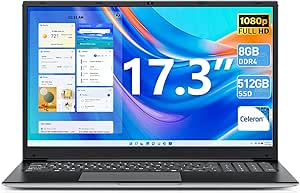 SGIN Laptop, 17.3 IPS Full HD Laptops Computer, 8GB RAM 512GB SSD Notebook with Celeron Quad-core Processor, Mini HDMI, Webcam, 2xUSB 3.0, Expandable Storage 512GB TF(Gray)