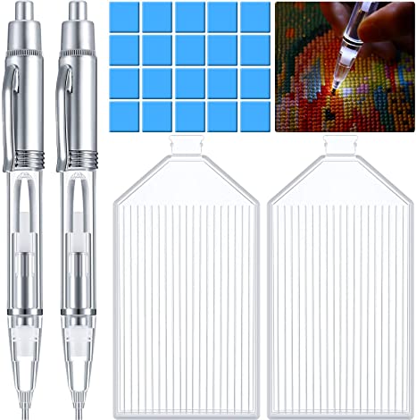 2 Pieces LED Diamond Painting Pens 5D Diamond Painting Drill Pens DIY Diamond Accessories Tools with 20 Pieces Painting Glue Clay and 2 Pieces Diamond Painting Trays for Painting Crafts