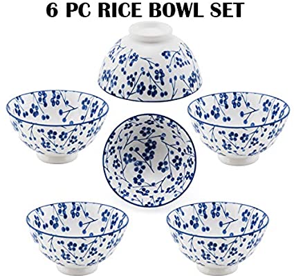 Hinomaru Collection Oriental Japanese style Set of 6 Ceramic Donburi Rice Bowl Tayo Multi Purpose 4.5" Dia x 2.25" H (White Cherry Blossoms)