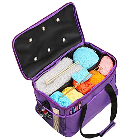 Knitting Bag, LEMESO Yarn Tote Storage Organizer Portable Individual Compartments & High Capacity for Carrying Unfinished Project Crochet Hooks Needles Accessories Purple