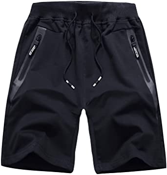 EXEKE Men's Lounge Shorts Cotton Jersey Shorts Workout Shorts with Zipper Pockets