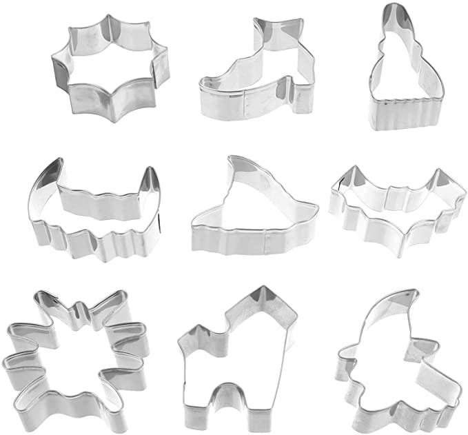 DOITOOL Halloween Cookie Cutters Set 9 Pieces Stainless Steel Halloween Cookie Cutters Shapes Set Biscuit Shape Molds for Baking Witch, Witch Hat, Bat, Zombie Tooth, Spider, Castle etc