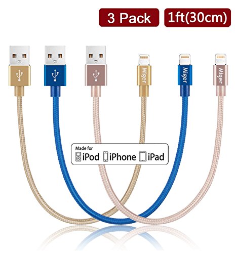 (3Pack) Lightning Cable Miger, 1Ft Nylon Braided Cord Sync and Charge Cable with Lightning cables for iPhone 8,7,7 Plus,6S,6 Plus,SE,5S,5,iPad,iPod Nano 7(1ft(Gold Blue Pink))