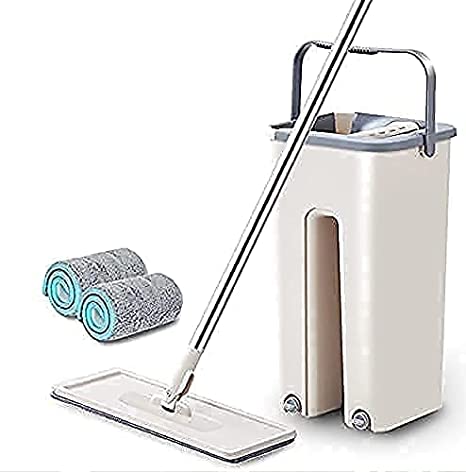 Farberware Heavy Quality Large Size Floor Mop with Bucket, Flat Squeeze Mop Bucket System Cleaning Supplies 360° Flexible Mop Head/2 Reusable Pads Home Floor Cleaner Blossom(White) (Plastic)