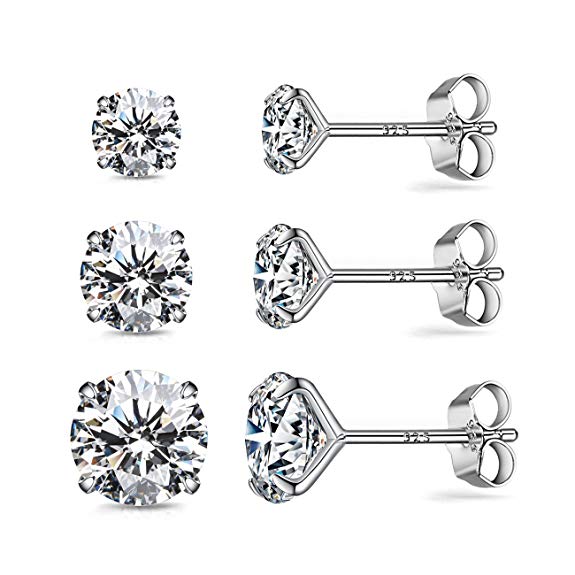 CZ Stud Earrings Sterling Silver 18K White Gold Plated Round Cubic Zirconia Hypoallergenic Set（3 Pairs