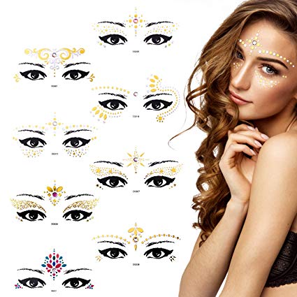 Bundle Monster 8PC Womens Face Jewel Tattoo Glitter Stickers Rhinestone Gem Decals - Self-Adhesive Festival Costume for Eye Forehead & Body