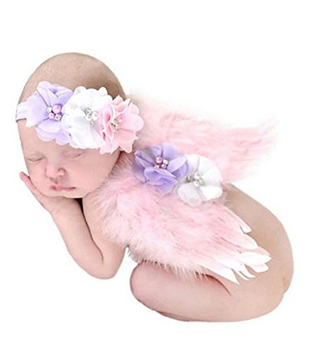 PGXT Feather Angel Wings Rhinestone Headband Set Baby Chiffon Flower Headband Hair Accessories Newborn Photo Prop Costume